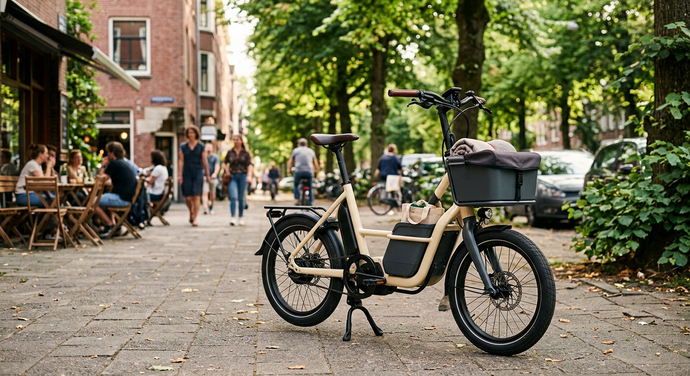 Cremefarbenes modernes Cargo E-Bike an einer grünen Straße