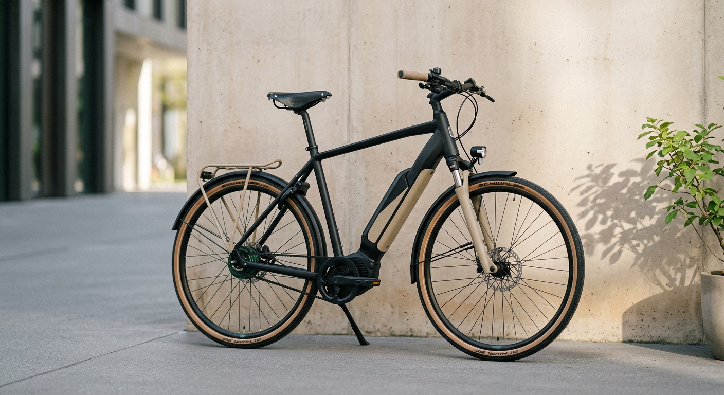Schwarzes Urban E-Bike vor einer hellen Wand